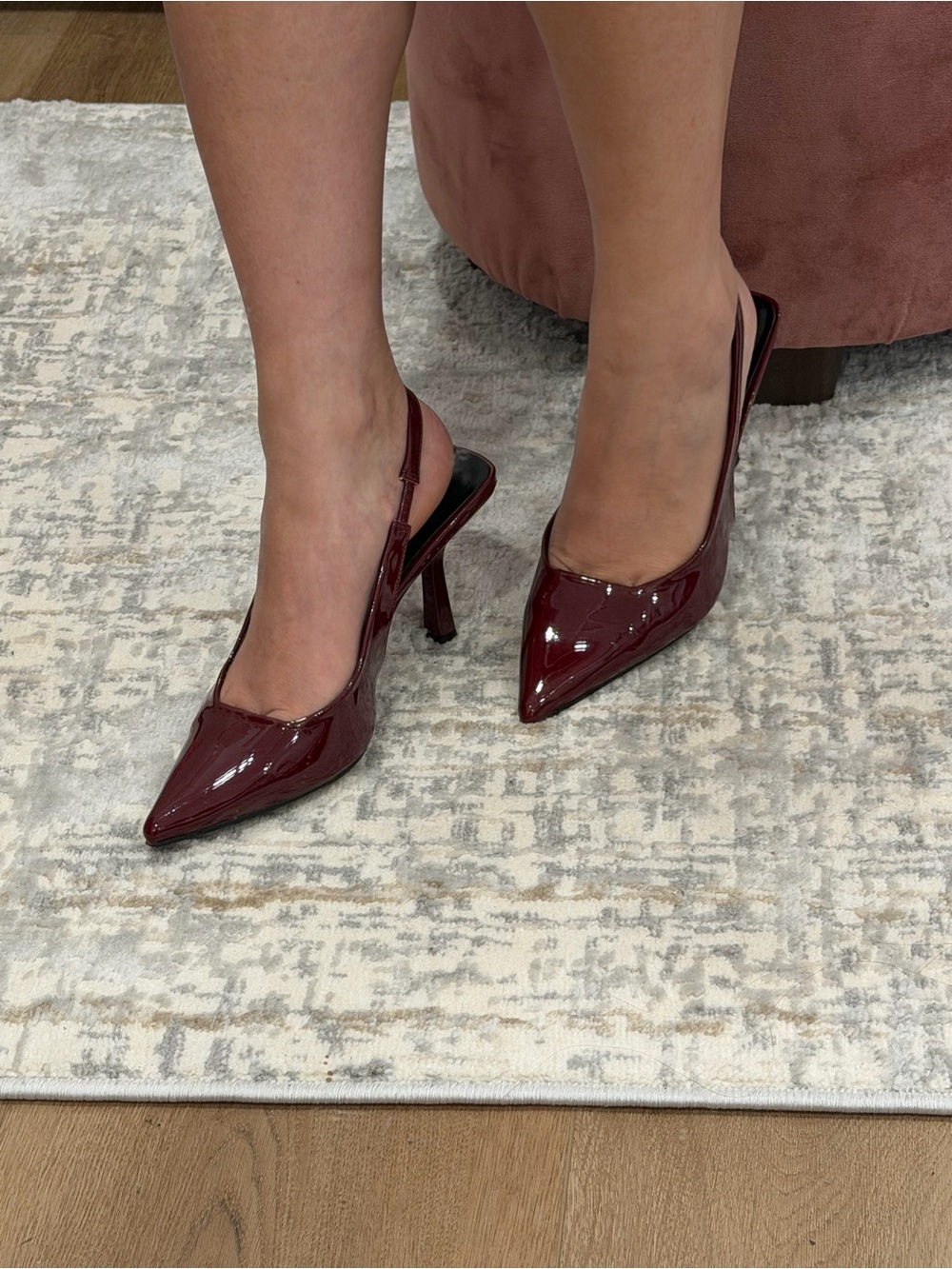 Patent Pointed-Toe Slingback Heels in Wine